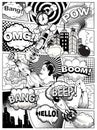 Black and white comic book page divided by lines with speech bubbles, rocket, superhero hand and sounds effect. Vector