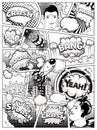 Black and white comic book page divided by lines with speech bubbles, rocket, superhero hand and sounds effect. Vector Royalty Free Stock Photo