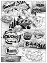 Black and white comic book page divided by lines with speech bubbles, rocket, superhero and sounds effect. Vector