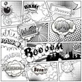 Black and white comic book page divided by lines with speech bubbles and sounds effect. Vector Royalty Free Stock Photo