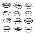 Black and white comic female lips vector set