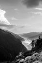 Black and white composition of mountain rock and trees in the foreground with foggy forest covered mountains in the background and