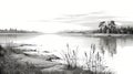Coastal Scenery: Black And White Lake Drawing In Graphic Novel Style