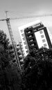 Black and white construction building with crane and trees Royalty Free Stock Photo