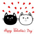 Black White contour Cat head couple family icon. Red heart set. Cute funny cartoon character. Happy Valentines day Greeting card. Royalty Free Stock Photo
