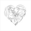 Black and white contour composition in the shape of a heart hibiscus flowers and leaves isolated on a white background Royalty Free Stock Photo