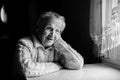 Black and white contrast portrait of an elderly happy woman. Royalty Free Stock Photo