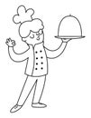 Black and white cook in hat and tunic standing with tasty dish covered by closhe. Vector line chef illustration. Cute character