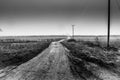 Black and white coountryside scene of a road