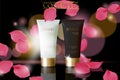 Black white cosmetic ad design template. Dark golden skin care package tube glass reflection. Rose petals defocuced background pro