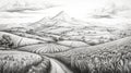 Black And White Country Road Drawing: Detailed Shading And Whimsical Scapes