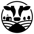 Black and white cow face with farm landscape inside circle Royalty Free Stock Photo