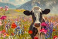 A black and white cow in a field of colorful wildflowers, mountain landscape in background Royalty Free Stock Photo