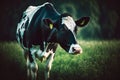 Black and white cow standing on top of lush green grass covered field with trees in the background. Generative AI Royalty Free Stock Photo