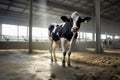 A black and white cow stands inside a building, captured in a striking monochrome image, Cow on a dairy farm, AI Generated