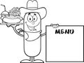 Black And White Cowboy  Sausage Carrying A Hot Dog, French Fries And Cola Next To Menu Board Royalty Free Stock Photo