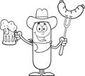 Black And White Cowboy Sausage Cartoon Character Holding A Beer And Weenie On A Fork