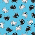 Black and white crab seamless vector pattern on blue background