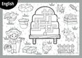 Black and white crossword in English, education game for children. Cartoon farm set