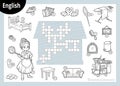 Black and white crossword in English, education game for children. Maid and home furnishings