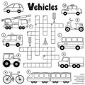 Black and white crossword puzzle game for kids about transport