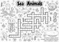 Black and white crossword with sea animals for coloring