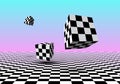 Black and white cubes flying over checkered floor with pink and blue gradient background in vaporwave aesthetic