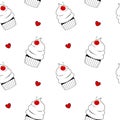 Black and white cupcake with red cherry cute seamless pattern background illustration