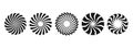 Black and white curl sunburst circles collection. Stylized radial spinning elements. Geometric round twisted rays, beams