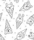 Black and white cute cartoon faces animals in waffle cones in contour. Yummy ice cream. Seamless pattern design Royalty Free Stock Photo
