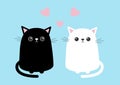 Black white cute cat sitting kitten set. Pink hearts. Cartoon kitty character. Kawaii animal. Funny face with eyes, mustaches, nos