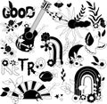 Black and white cute compositions 70s groovy element, old guitar, sun, colorful flowers, leaves, mushroom, dove, retro