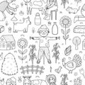 Black and white cute farm seamless pattern with scarecrow, pig, cow, kids farmers Royalty Free Stock Photo