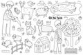 Black and white cute farm set with animals and kids farmers. Coloring page Royalty Free Stock Photo