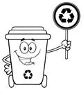 Black And White Cute Recycle Bin Cartoon Mascot Character Holding A Recycle Sign