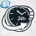 Black and white 3d vector 24 hours timer, around-the-clock pictogram. Time idea dimensional symbol. Twenty-four hours a day Royalty Free Stock Photo