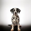 Black and white dalmatian stands proud with its sharp snout and big eyes