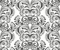 Black and white damask seamless pattern. Background texture with goblin. Vector hand drawn tapestry.