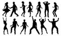 Black and white dancing silhouettes, vector set