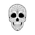 Day of The Dead Sugar Skull with detailed floral ornament. Mexican symbol calavera. Black and white vector illustration