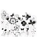 Black and white decorative abstract spring flowers illustration