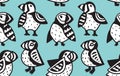 Black and white decorative Puffins seamless pattern