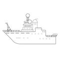 Black-white deep sea research explorer vessel, expedition ship, vector hand drawn outline isolated illustration for Royalty Free Stock Photo