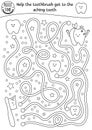 Black and white dental care maze for children. Preschool outline medical activity. Funny game or coloring page with cute