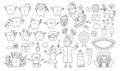 Black and white dental care vector set. Outline collection with Tooth fairy, smiling toothbrush, teeth, dentist, dental clinic,