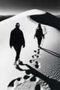 Black and white desert trekking: caucasian adults exploring dunes Royalty Free Stock Photo