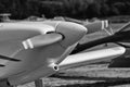 Black and white developed image of the front part of a single engine propeller aircraft. Royalty Free Stock Photo