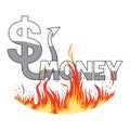 Black and white devil dollar sign with Handcuffs in fire on background