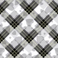 Black white diagonal tartan plaid with heart check texture seamless pattern. Vector illustration