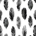 Black and white different feathers, seamless pattern, monochrome watercolor illustration Royalty Free Stock Photo